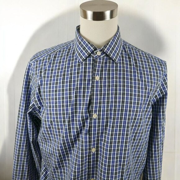 Banana Republic Slim Mens Long Sleeve Blue Black Plaid Button Down Shirt Large - Picture 4 of 12